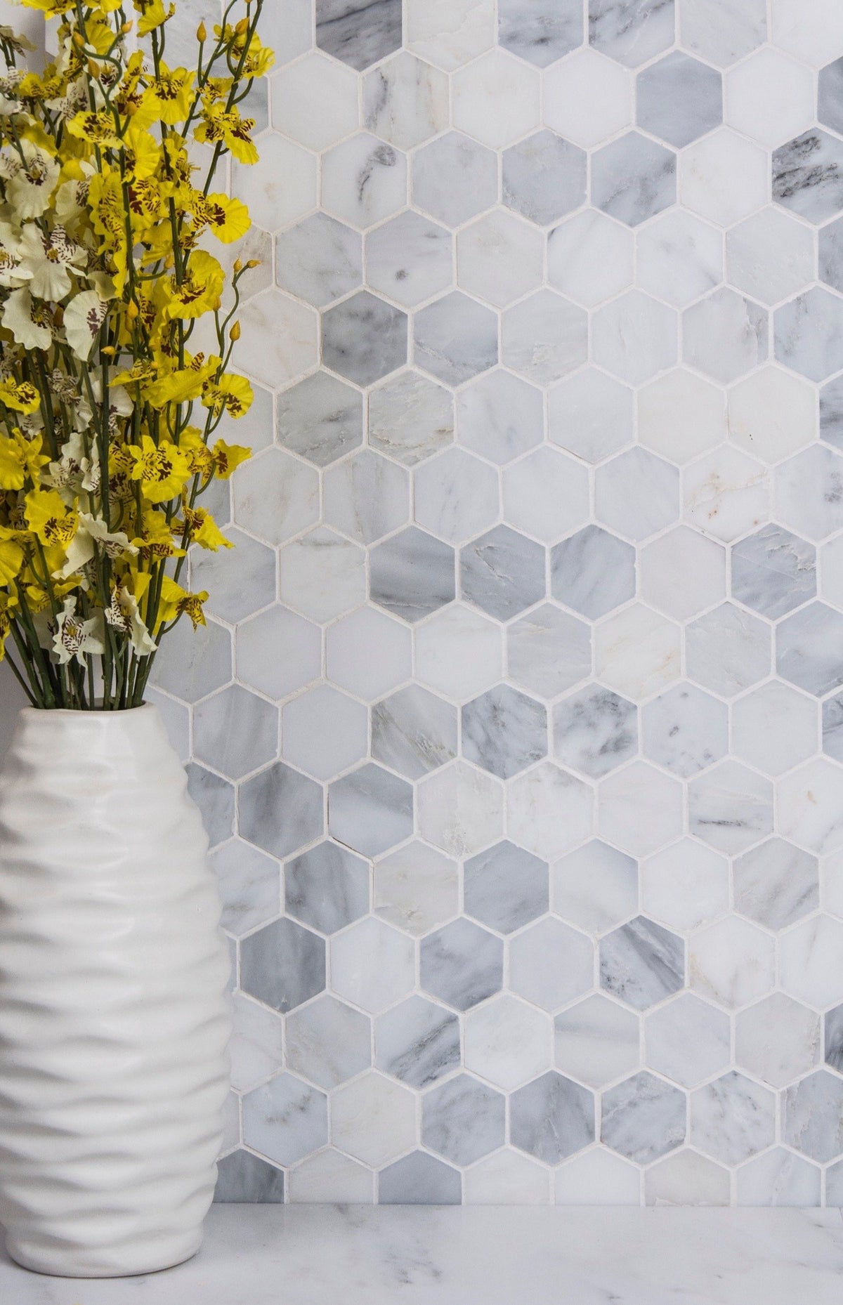 Carrara (Carrera) Venato Marble Mosaic Tile - 2” Hexagons - Polished or Honed | TileBuys