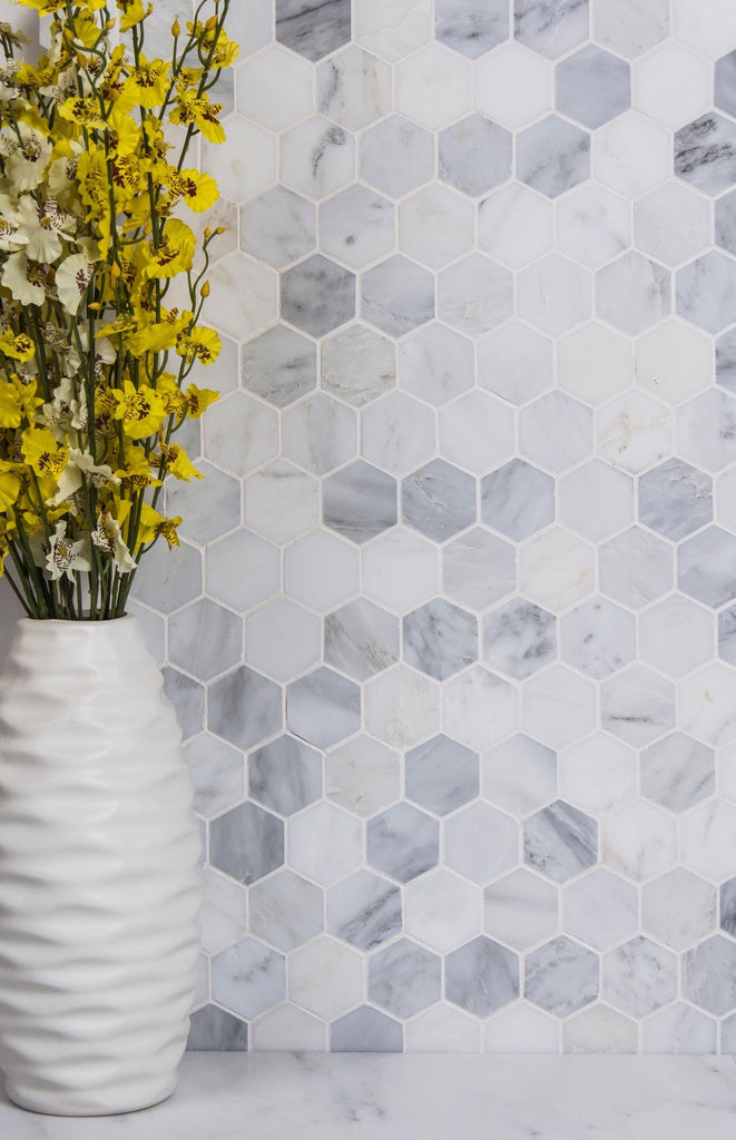 Carrara (Carrera) Venato Marble Mosaic Tile - 2” Hexagons - Polished or Honed | TileBuys