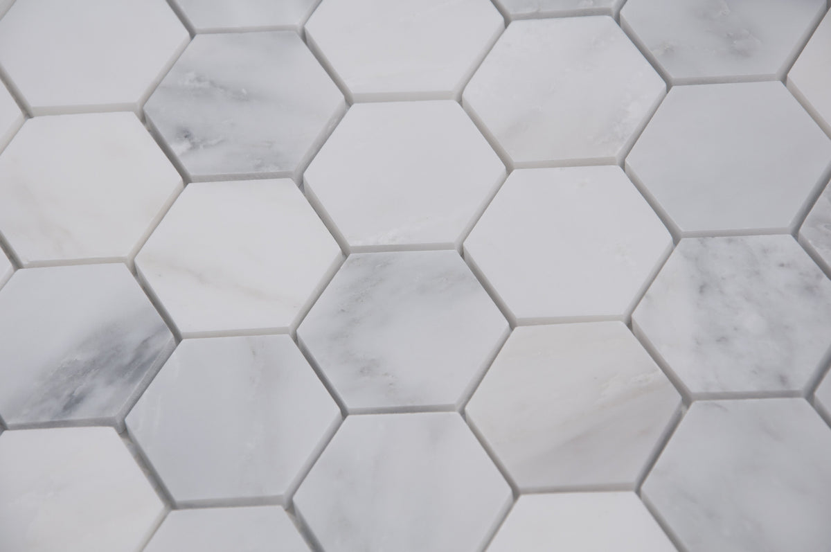 Carrara (Carrera) Venato Marble Mosaic Tile - 2” Hexagons - Polished or Honed | TileBuys