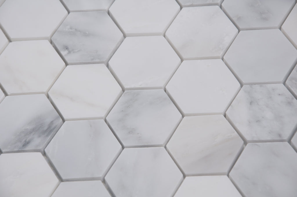 Carrara (Carrera) Venato Marble Mosaic Tile - 2” Hexagons - Polished or Honed | TileBuys