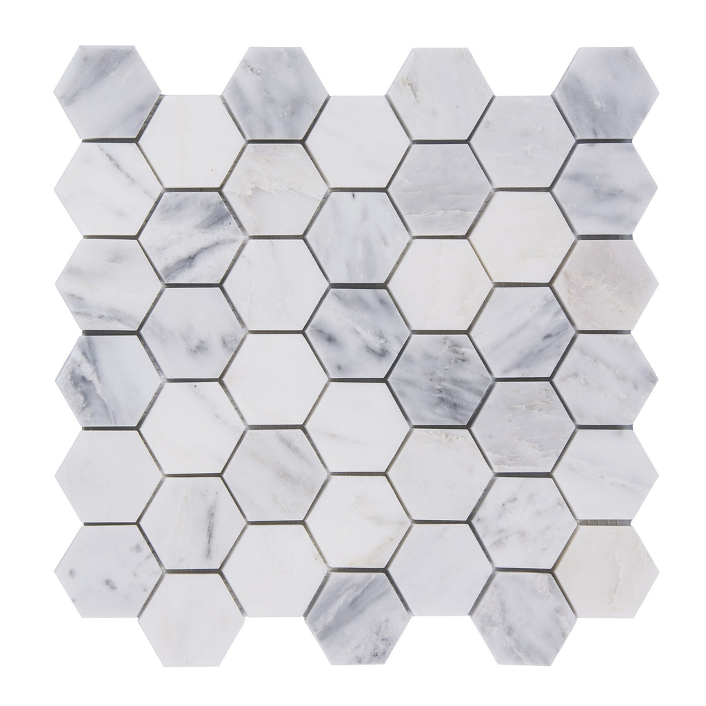 Carrara (Carrera) Venato Marble Mosaic Tile - 2” Hexagons - Polished or Honed | TileBuys