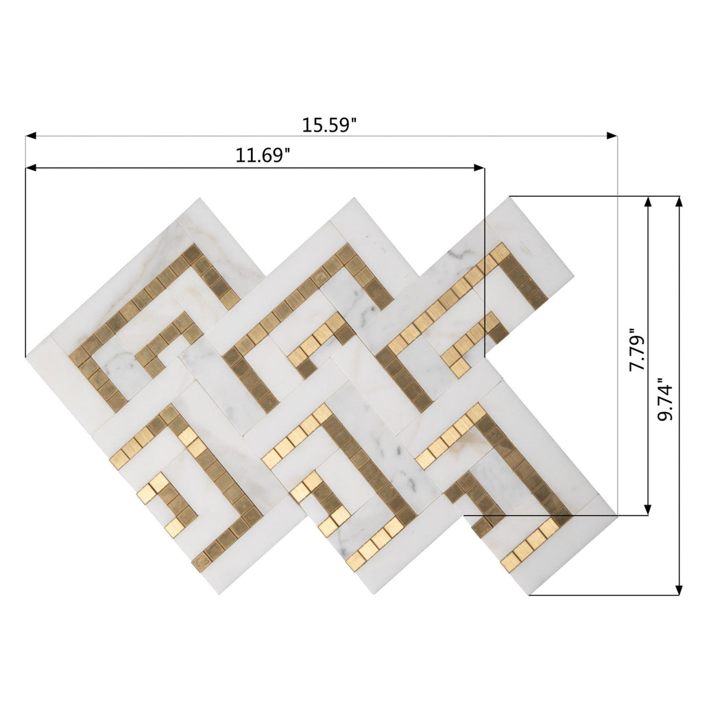 Calcutta Marble with Gold Metal Accent Mosaic Tile in Herringbone Half-Squares | TileBuys