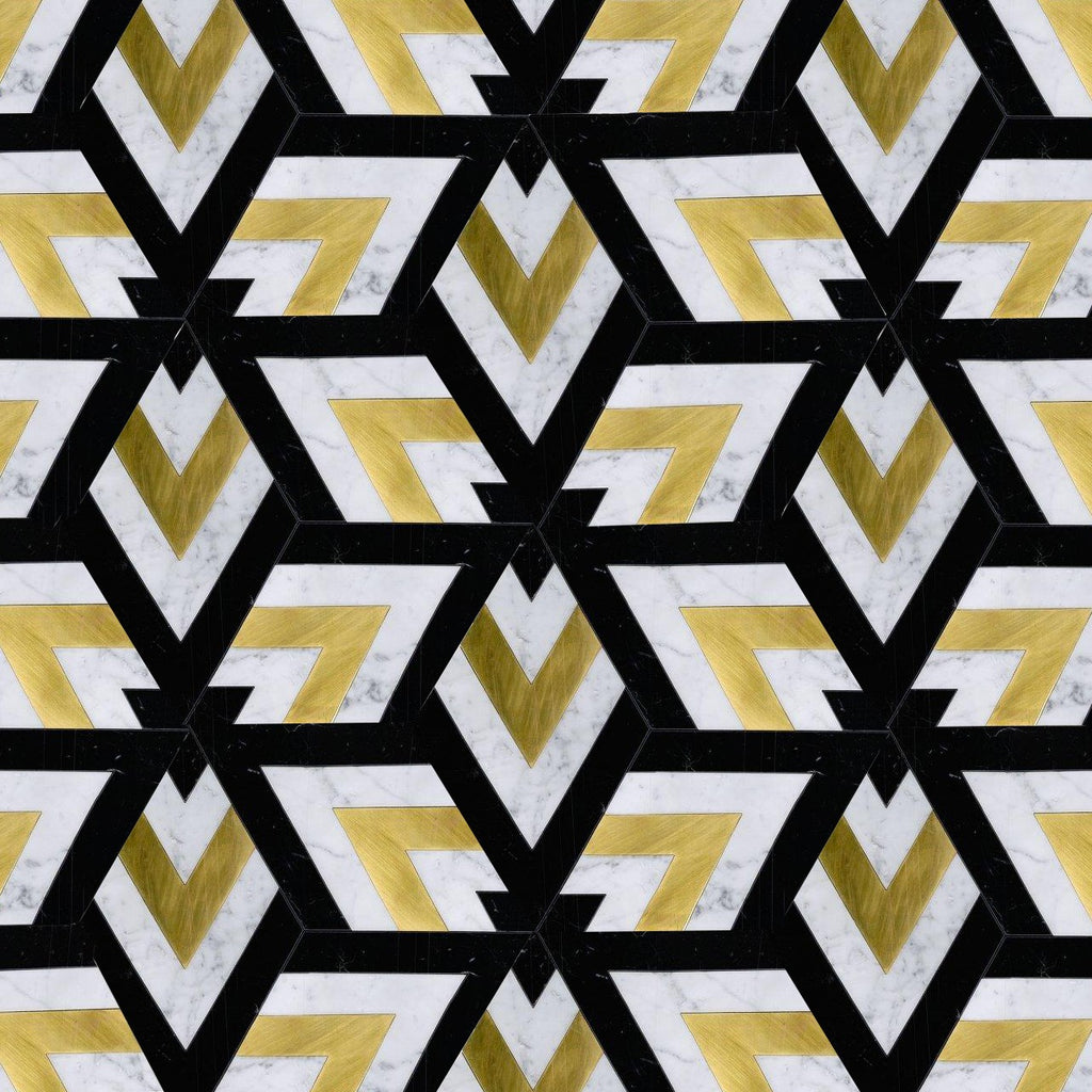 Large Patterned Hexagon Waterjet Mosaic Tile in Calacatta, Black Marble, Brushed Gold Metal | TileBuys