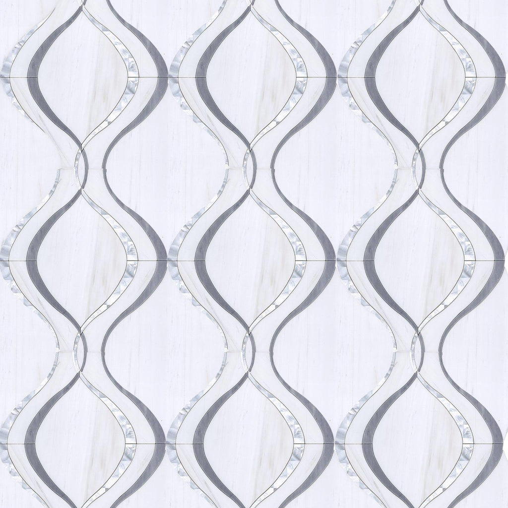 Dolomite White Marble, Latin Gray Marble and Mother of Pearl Waterjet Mosaic Tile in Silver Ribbon | TileBuys