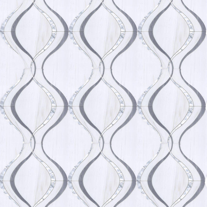 Dolomite White Marble, Latin Gray Marble and Mother of Pearl Waterjet Mosaic Tile in Silver Ribbon | TileBuys