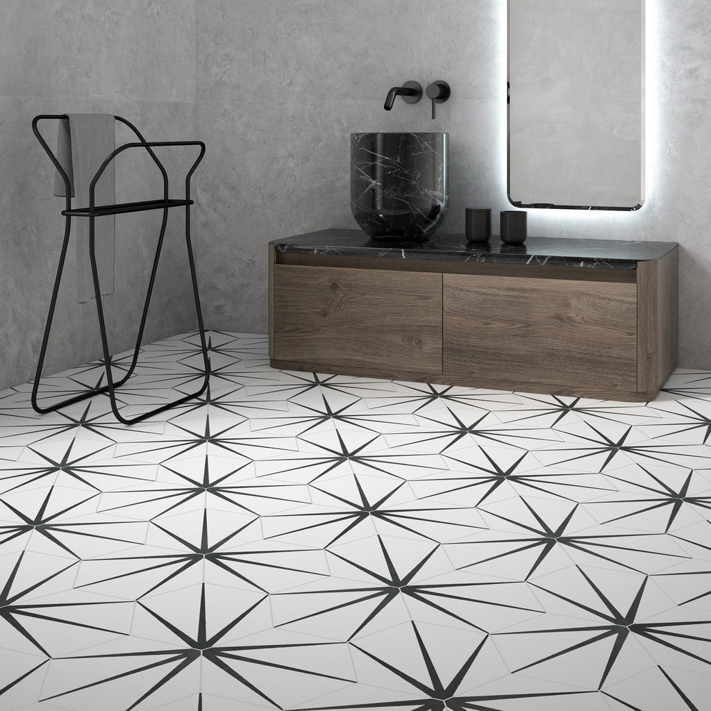 Starburst Pattern Hexagon Porcelain Tiles in White (10.05 Sq Ft) | TileBuys