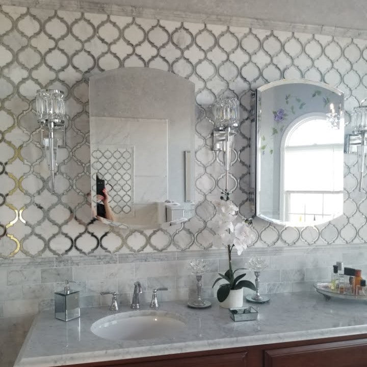 Carrara Venato Marble and Antique Mirror Glass Marrakech Arabesque Mosaic Tile | TileBuys