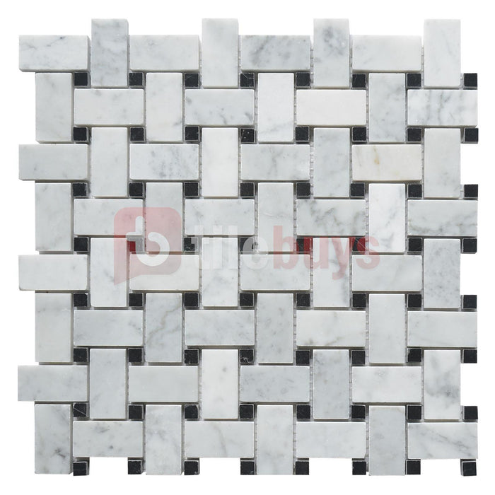5 Sq Ft of Carrara White and Nero Black Marble Mosaic Tile in 1x2" Basketweave Pattern | TileBuys