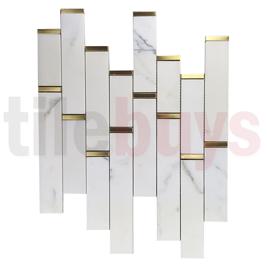 Calacatta Marble Skinny Tile Backsplash with Gold Accent | TileBuys