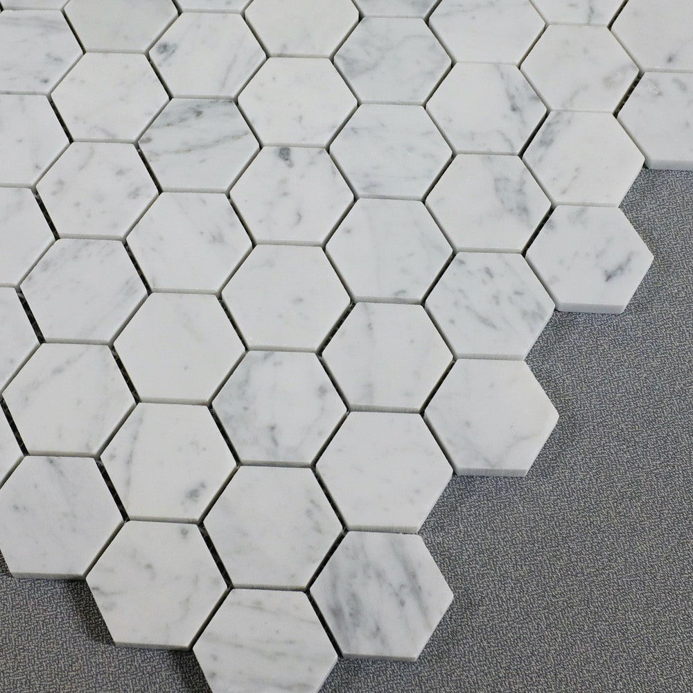 Carrara Bianco Marble Mosaic Tile - 2" Hexagons - Polished or Honed | TileBuys