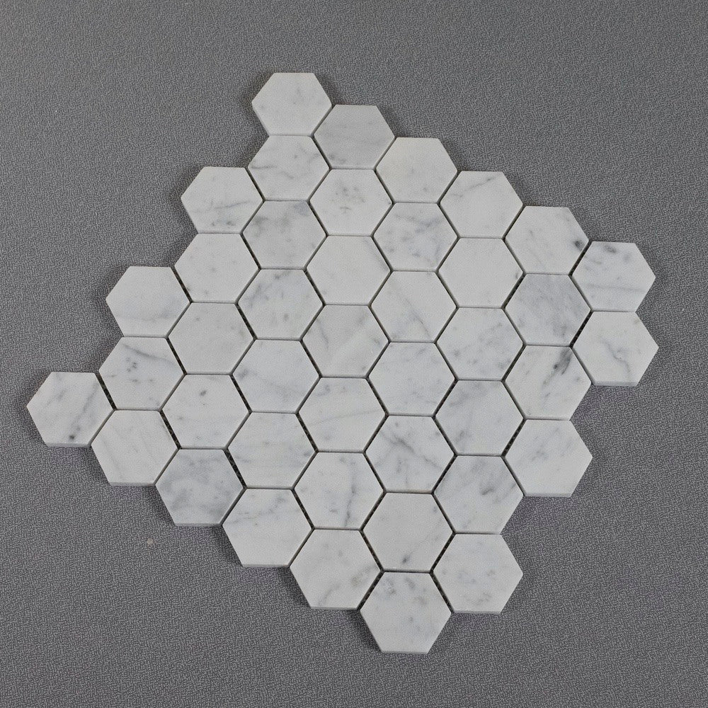 Carrara Bianco Marble Mosaic Tile - 2" Hexagons - Polished or Honed | TileBuys