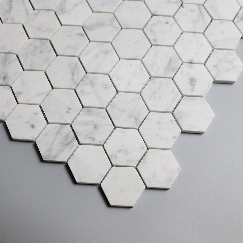 Carrara Bianco Marble Mosaic Tile - 2" Hexagons - Polished or Honed | TileBuys