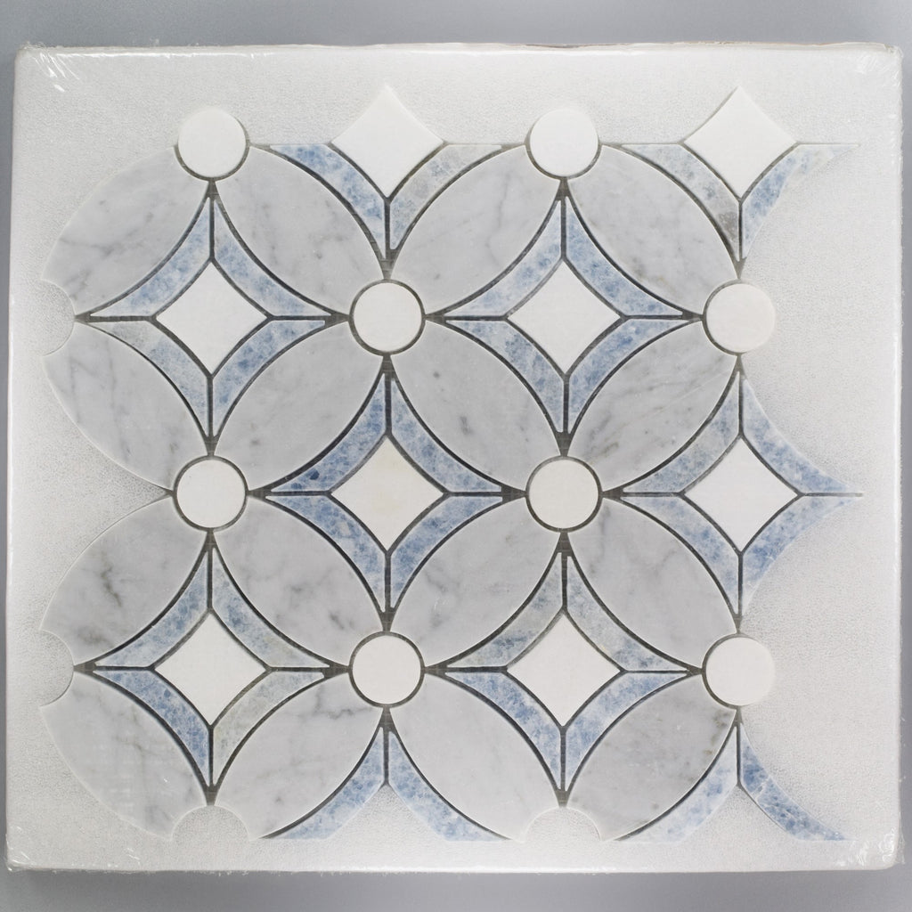 Carrara, Thassos and Argentina Blue Marble Waterjet Mosaic Tile in Tatius | TileBuys
