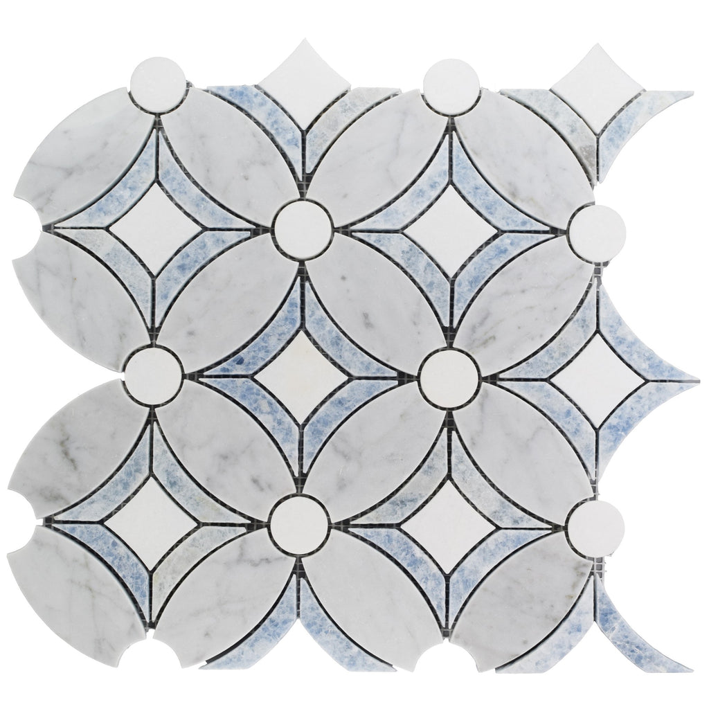 Carrara, Thassos and Argentina Blue Marble Waterjet Mosaic Tile in Tatius | TileBuys