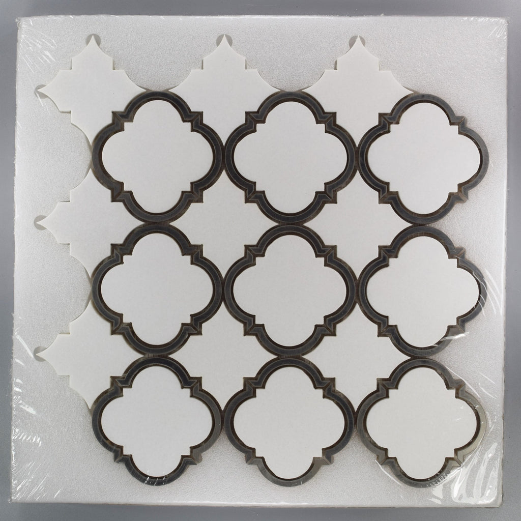 White Thassos Marble and Grey Metal Waterjet Mosaic Tile in Arabesque | TileBuys