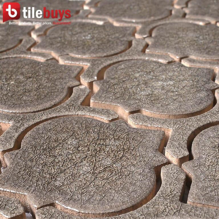 4.6 Sq Ft of Arabesque Crackled Glass Mosaic Wall Tile in Dark Taupe | TileBuys