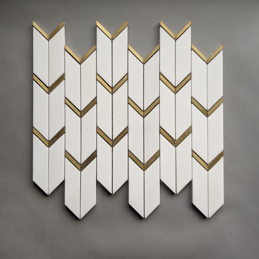 Dolomite White and Gold Arrow Art Deco Tile Backsplash | TileBuys