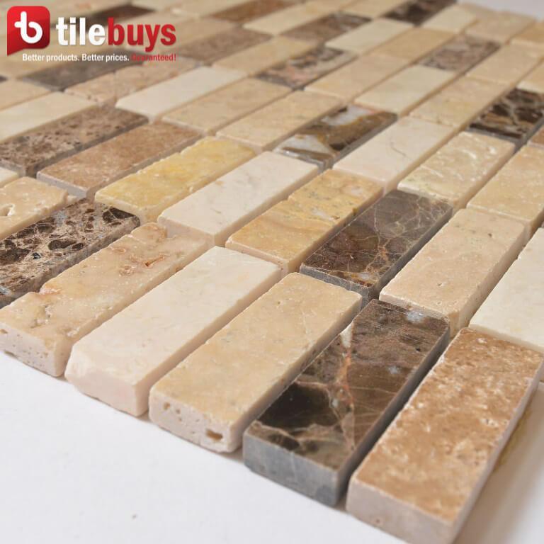 5 Sq Ft of Beige & Brown Marble Mosaic Tile - 5/8x2" Mini Bricks - Polished | TileBuys