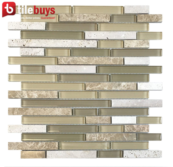 Beige Marble & Glass Strip Mosaic Tile in Dune | TileBuys