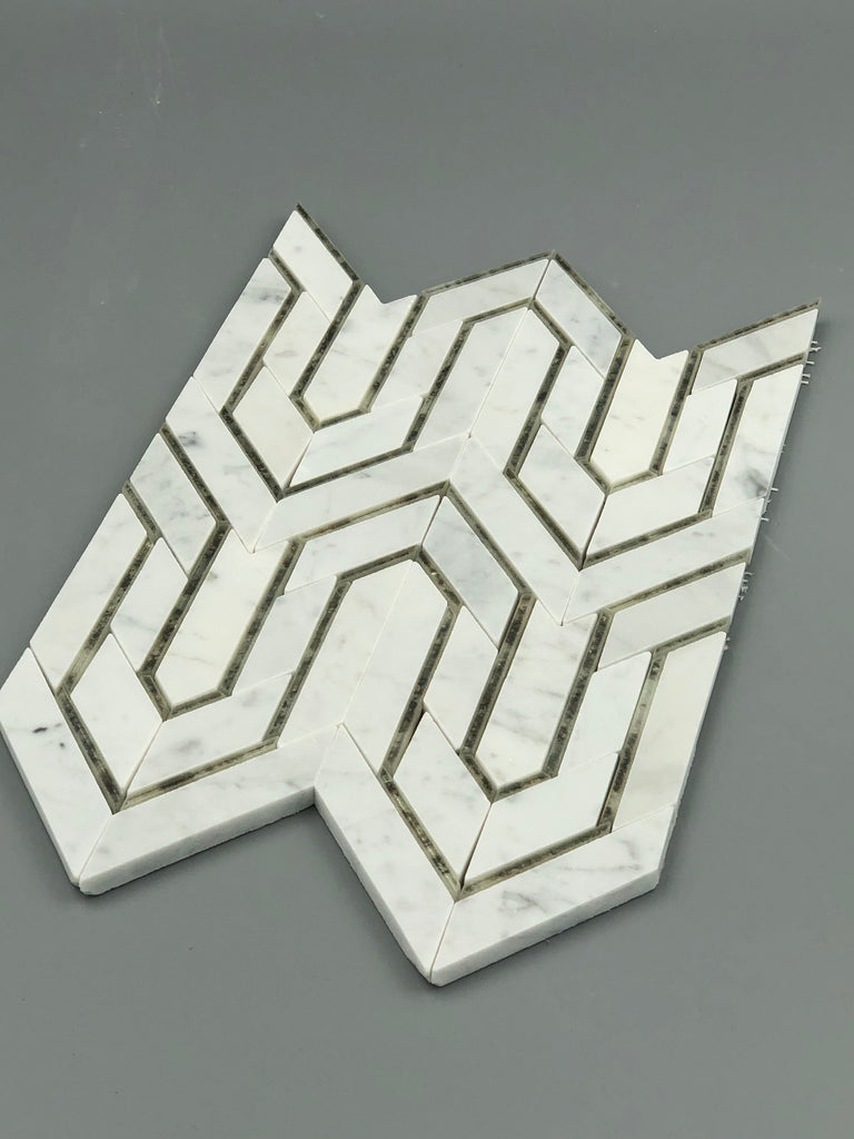 Bianco Carrara Marble and Antique Mirror Glass Waterjet Mosaic Tile in Greek Key Meandros | TileBuys