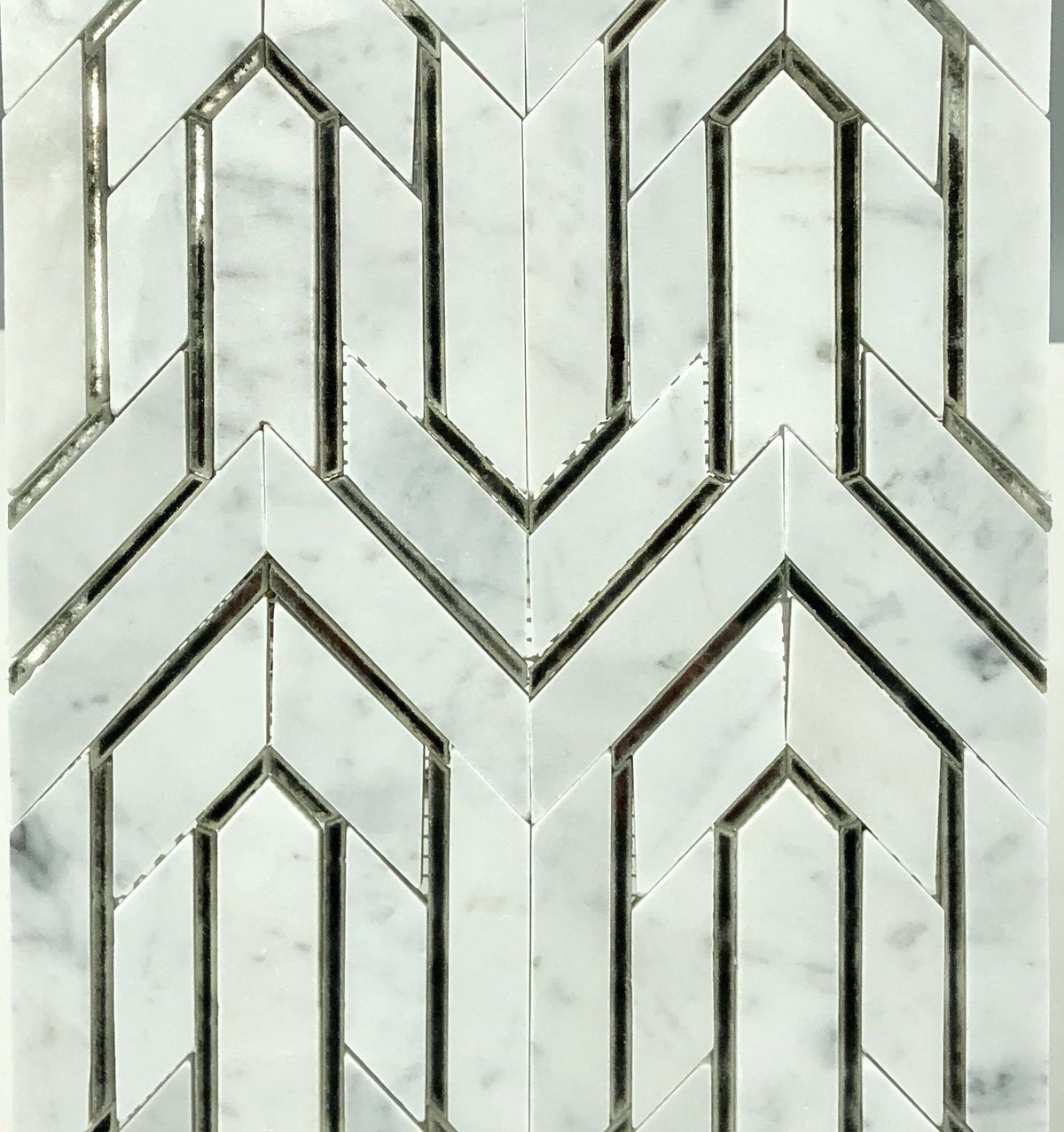 Bianco Carrara Marble and Antique Mirror Glass Waterjet Mosaic Tile in Greek Key Meandros | TileBuys