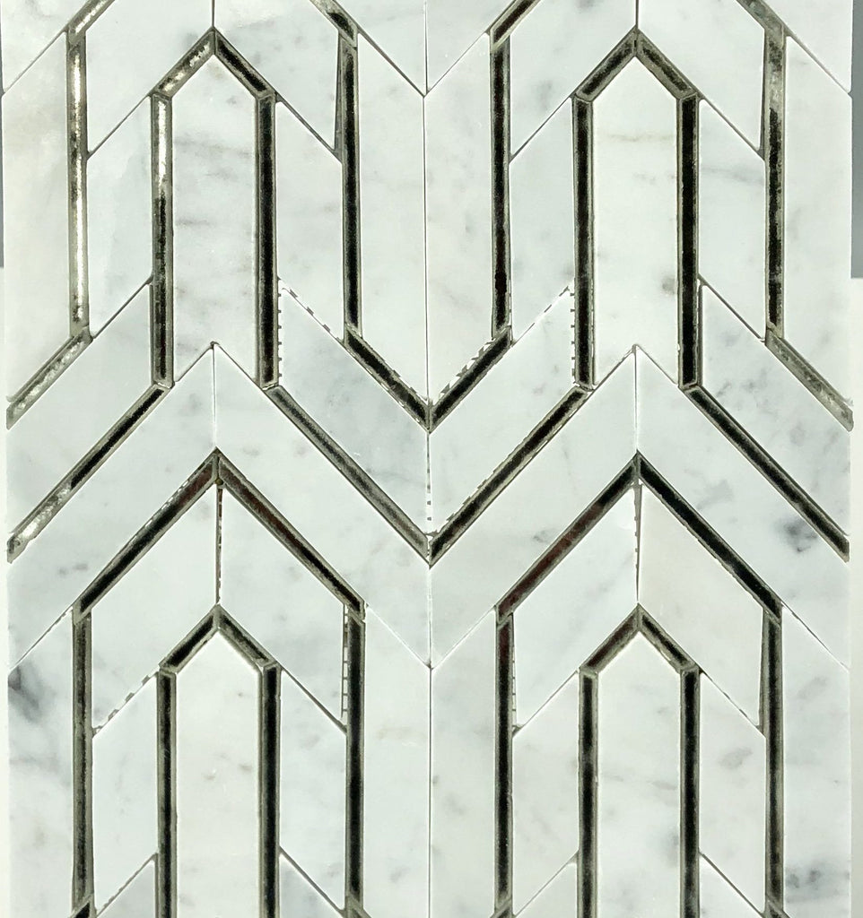 Bianco Carrara Marble and Antique Mirror Glass Waterjet Mosaic Tile in Greek Key Meandros | TileBuys