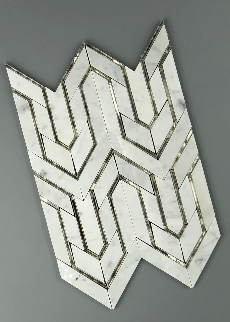 Bianco Carrara Marble and Antique Mirror Glass Waterjet Mosaic Tile in Greek Key Meandros | TileBuys