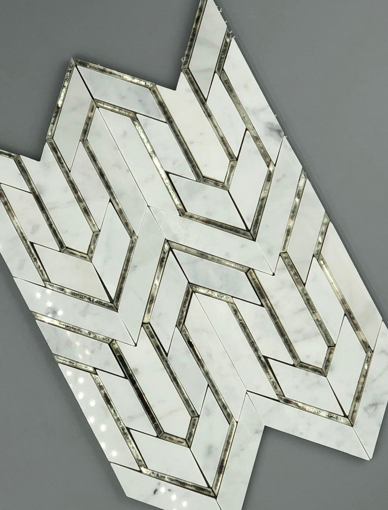 Bianco Carrara Marble and Antique Mirror Glass Waterjet Mosaic Tile in Greek Key Meandros | TileBuys