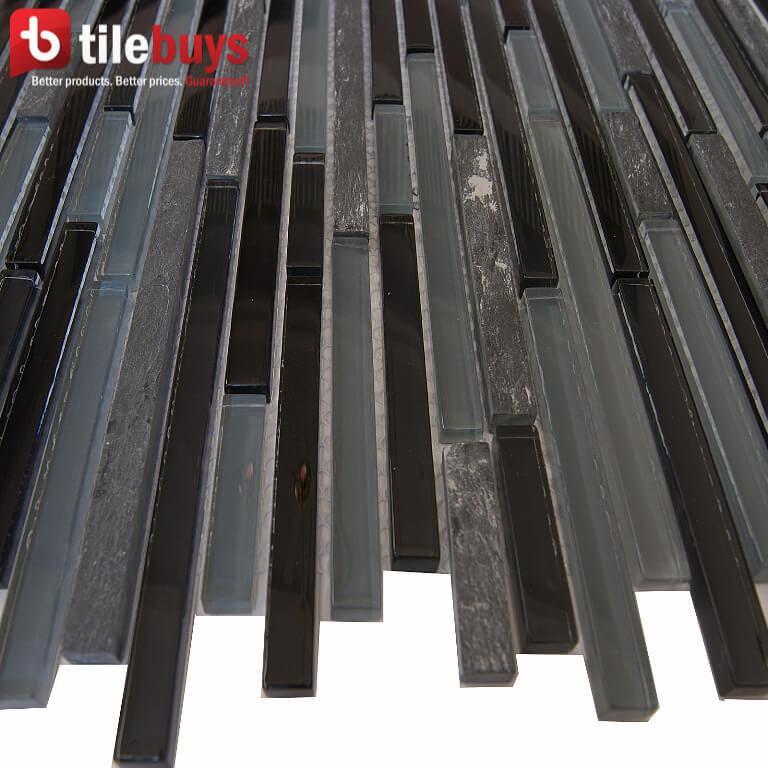 5 Sq Ft of Black Glass and Stone Strip Mosaic Tile | TileBuys