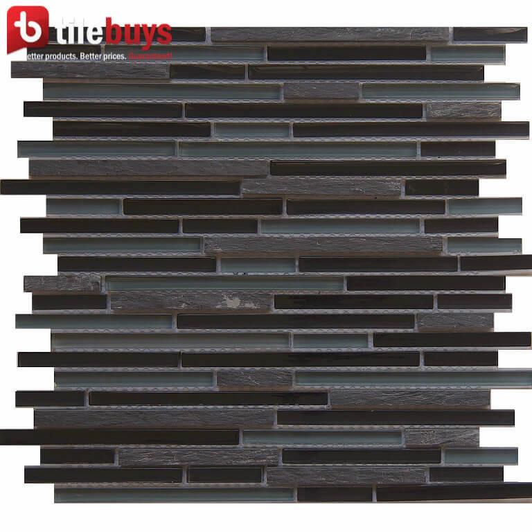 5 Sq Ft of Black Glass and Stone Strip Mosaic Tile | TileBuys