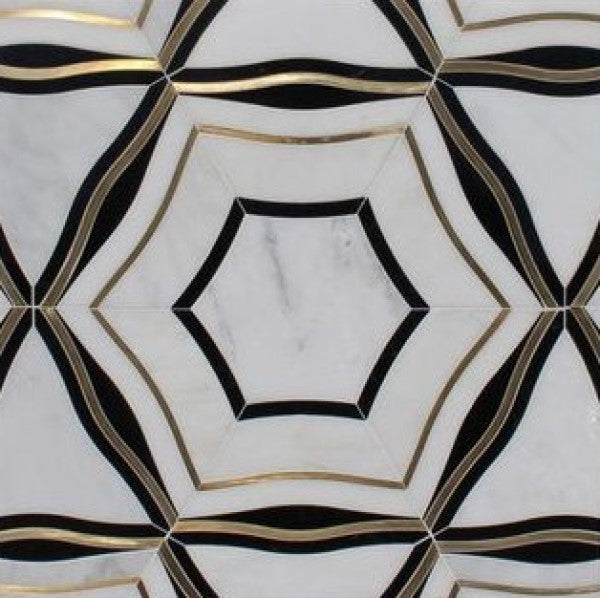 Luxe Geometric Waterjet Mosaic Tile in Calacatta, Nero Black Marble, Brushed Gold Metal | TileBuys