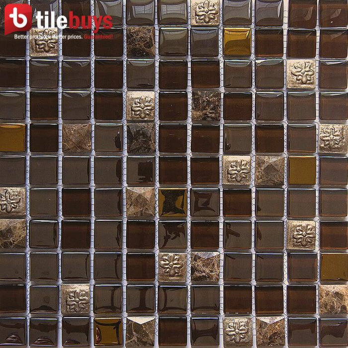 5 Sq Ft of Brown Stone & Bronze Glass Mosaic Tile - 1" Squares | TileBuys