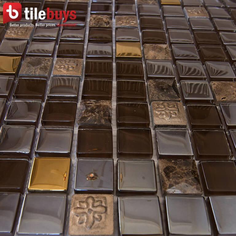 5 Sq Ft of Brown Stone &amp; Bronze Glass Mosaic Tile - 1" Squares | TileBuys