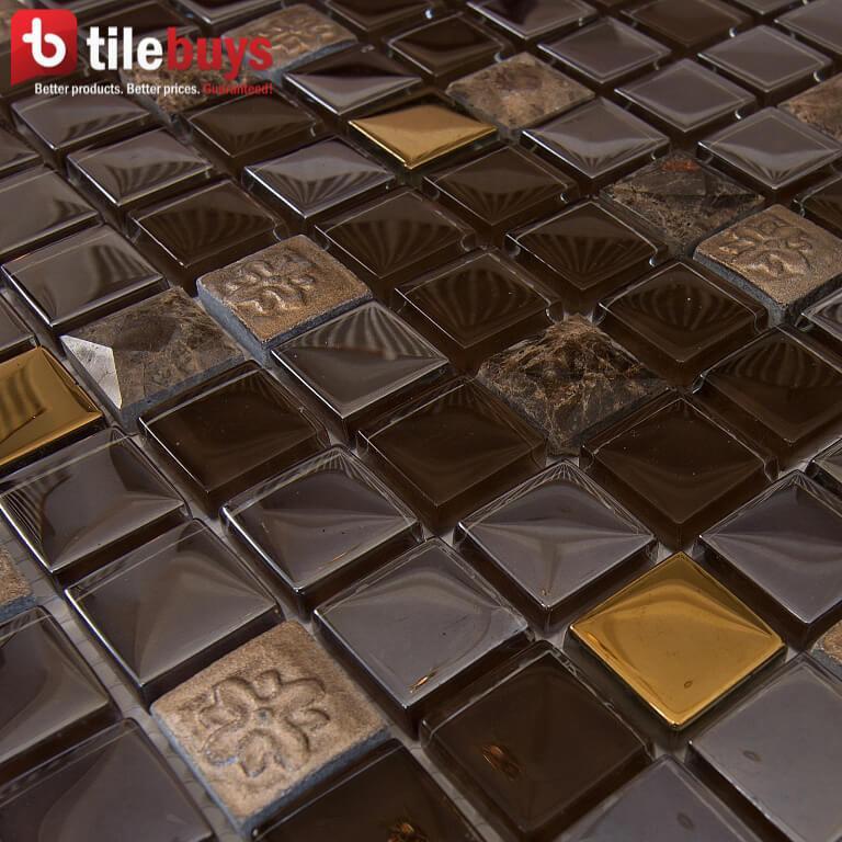 5 Sq Ft of Brown Stone &amp; Bronze Glass Mosaic Tile - 1" Squares | TileBuys