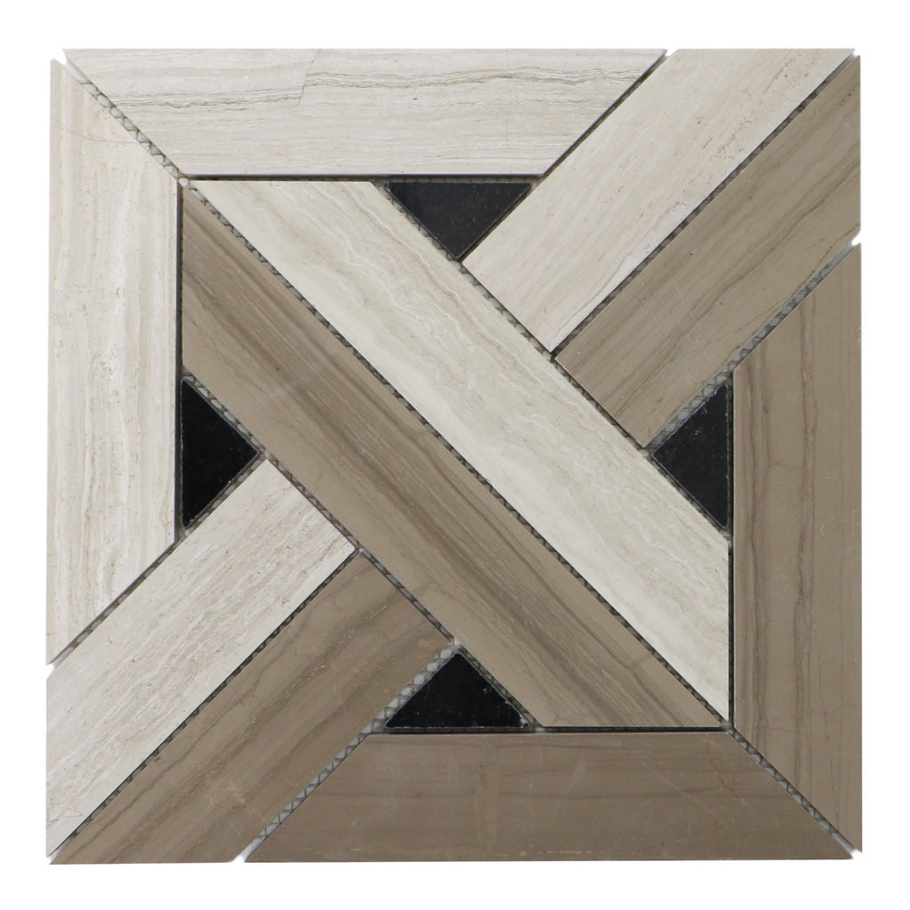 Athens, Oak & Nero Marble Mosaic Tile - Wooden Weave | TileBuys