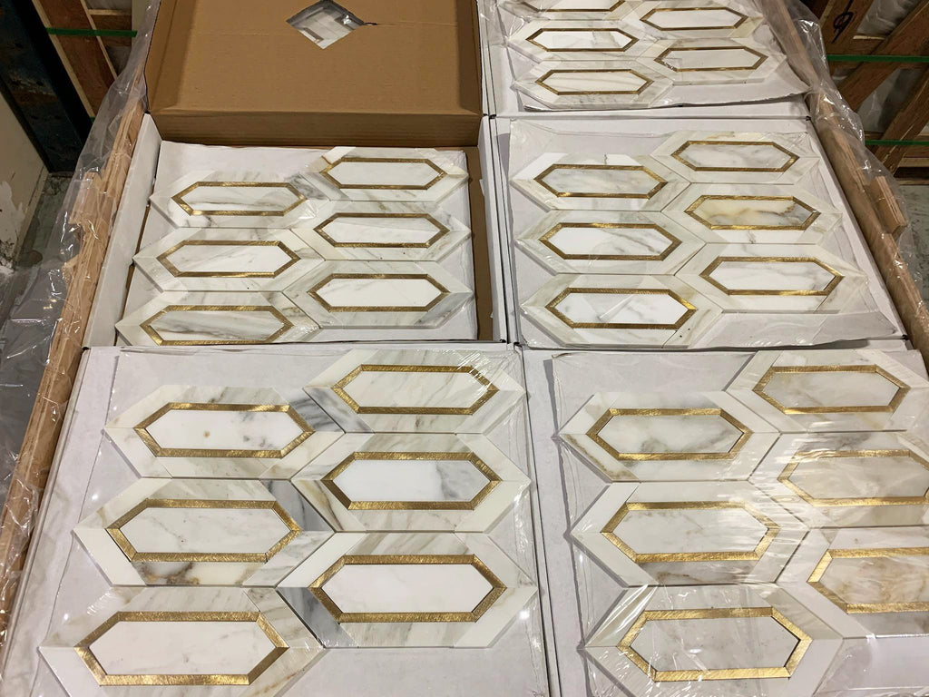 Calacatta (Calcutta) Marble with Gold Metal Waterjet Mosaic in Golden Picket | TileBuys