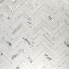 Calacatta (Calcutta) Marble and Mother of Pearl Waterjet Mosaic Tile in Deluxe Herringbone | TileBuys