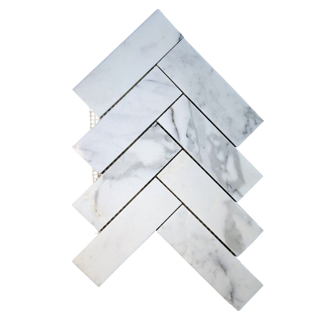 Calacatta (Calcutta) Marble Mosaic Tile - 2x6" Herringbone Pattern | TileBuys