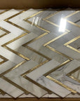 Calacatta (Calcutta) Marble with Gold Metal Waterjet Mosaic Tile in Golden Chevron | TileBuys