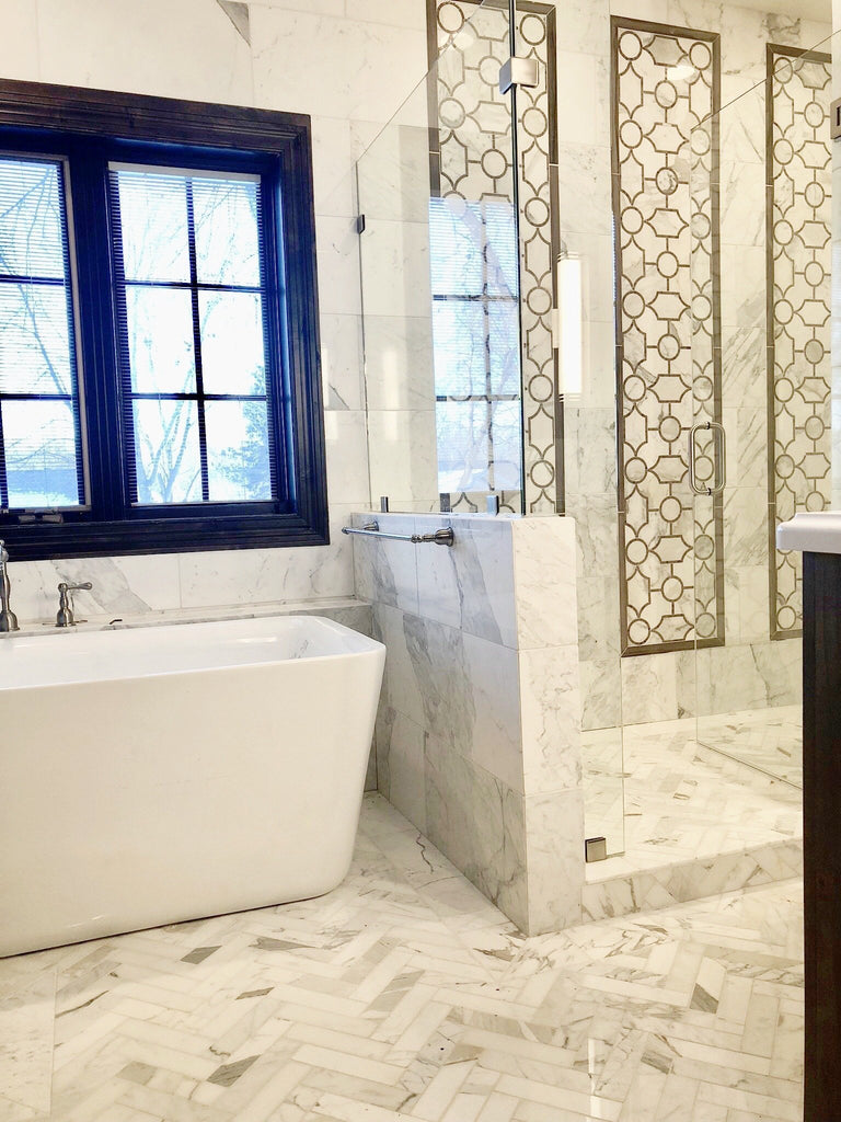 Calacatta Gold Marble and Athens Brown Waterjet Mosaic Tile in Sinuous | TileBuys