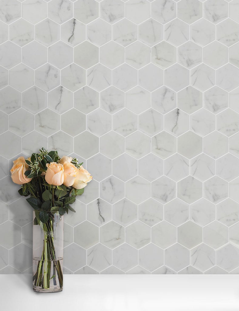 Calacatta Marble Mosaic Tile in Hexagons Pattern - Polished | TileBuys