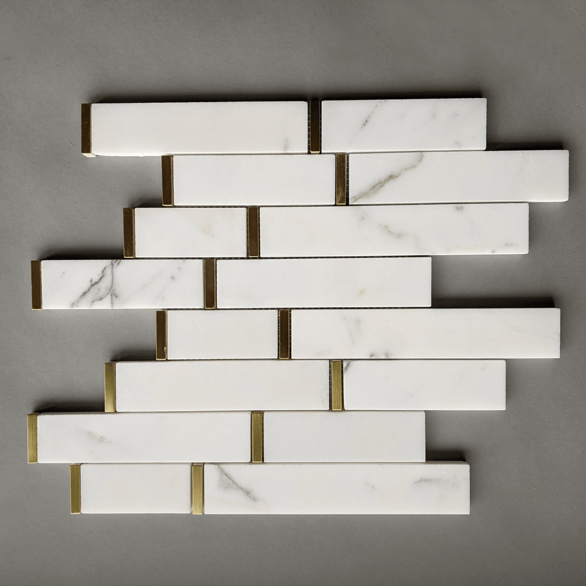 Calacatta Marble Skinny Tile Backsplash with Gold Accent | TileBuys