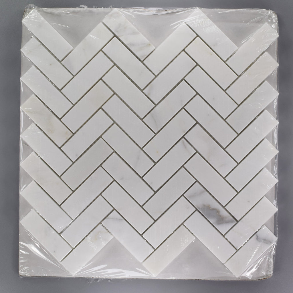 Calacatta (Calcutta) Marble Herringbone Mosaic Tile - 1x3” | TileBuys