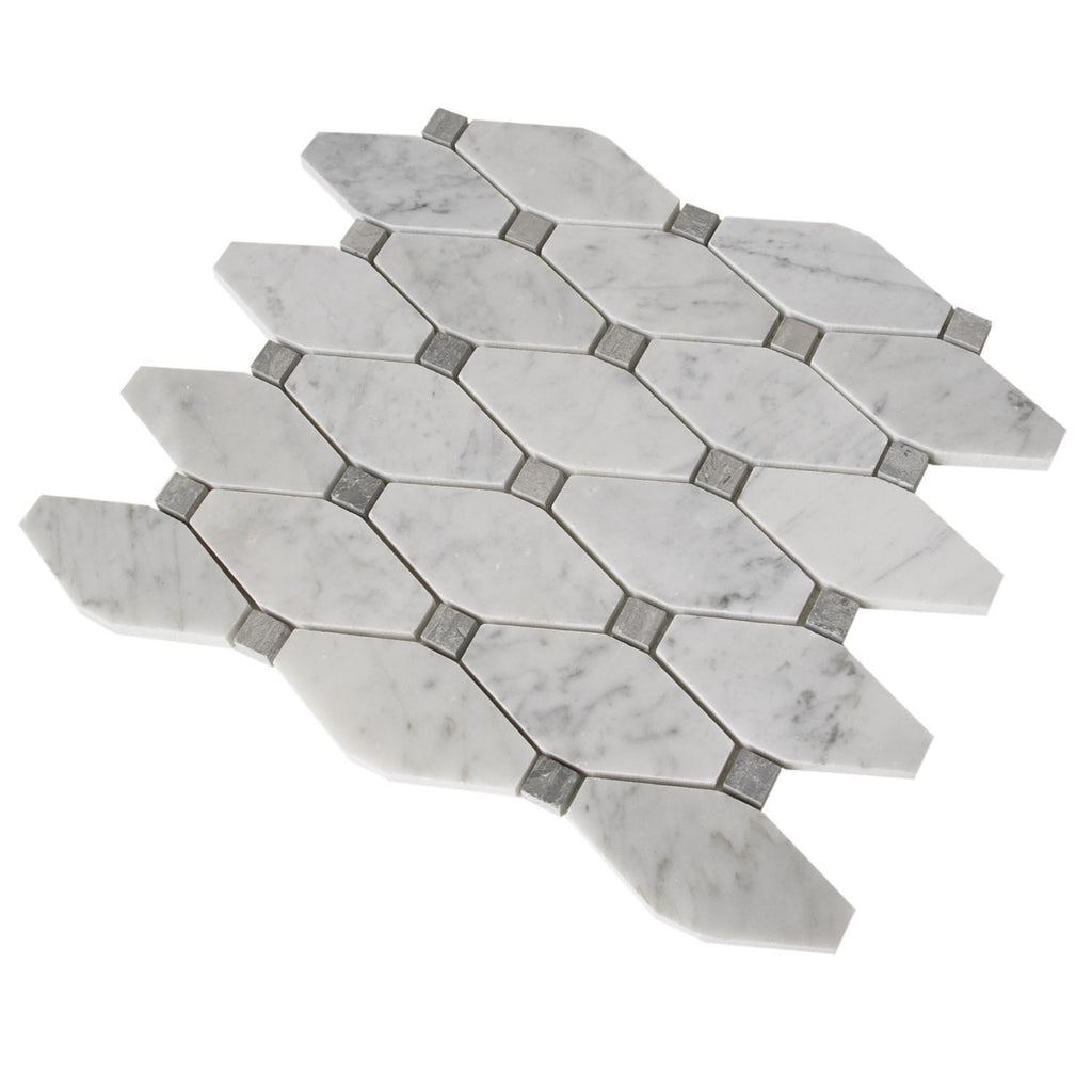 Carrara Bianco and Grey Marble Mosaic Tile - Elongated Octagons - Polished | TileBuys