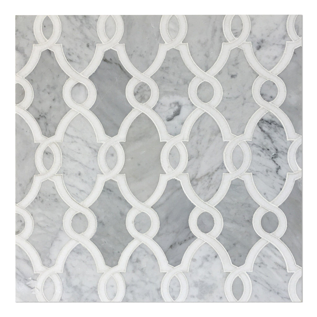 Carrara Bianco and White Thassos Marble Waterjet Mosaic Tile in Bellagio | TileBuys