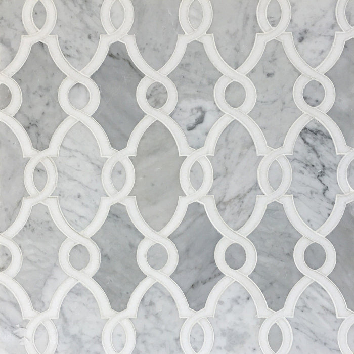 Carrara Bianco and White Thassos Marble Waterjet Mosaic Tile in Bellagio | TileBuys