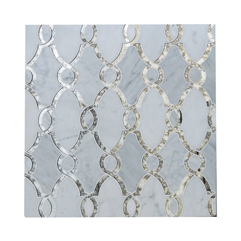 Carrara Bianco Marble and Antique Mirror Glass Waterjet Mosaic Tile in Bellagio | TileBuys