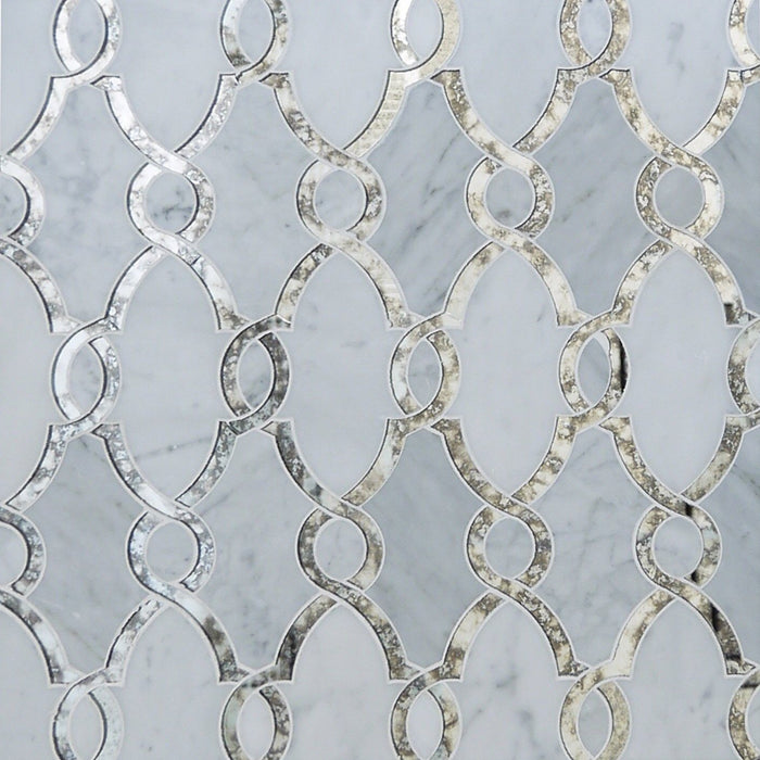 Carrara Bianco Marble and Antique Mirror Glass Waterjet Mosaic Tile in Bellagio | TileBuys