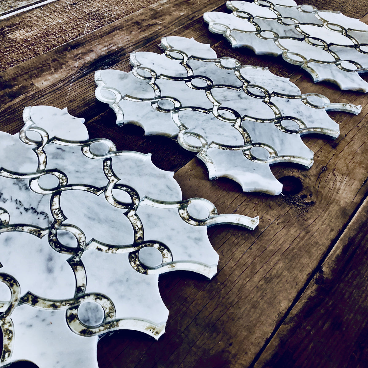 Carrara Bianco Marble and Antique Mirror Glass Waterjet Mosaic Tile in Bellagio | TileBuys