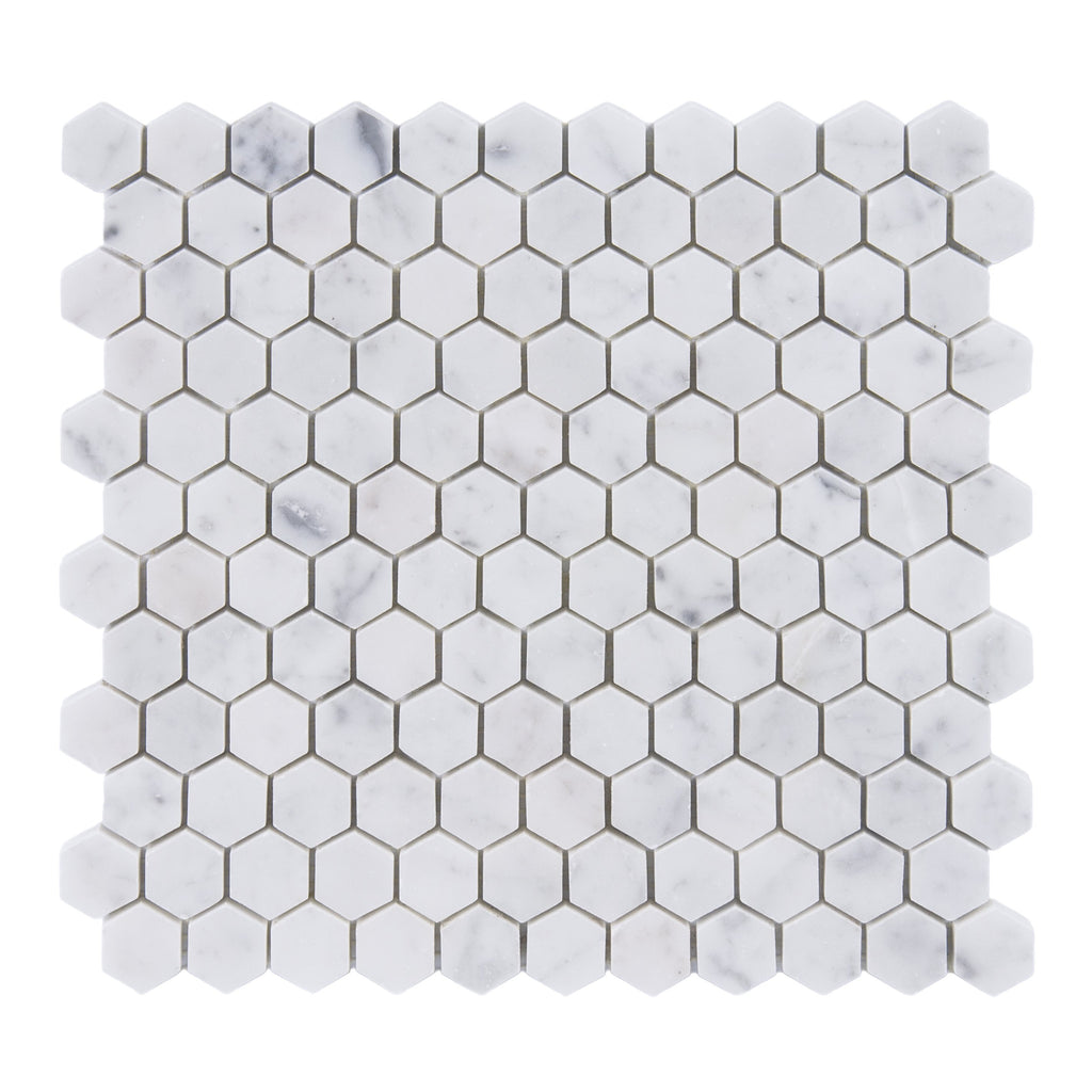 Carrara Bianco Marble Mosaic Tile - 1" Hexagons - Polished | TileBuys